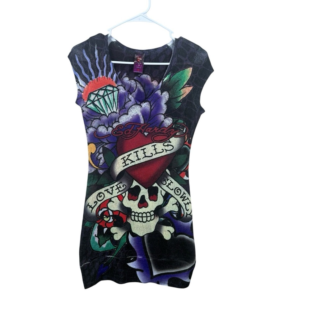 Vintage Ed Hardy Women's Dress 90s‎ Y2K USA Love Kills Skull Logo Size Medium